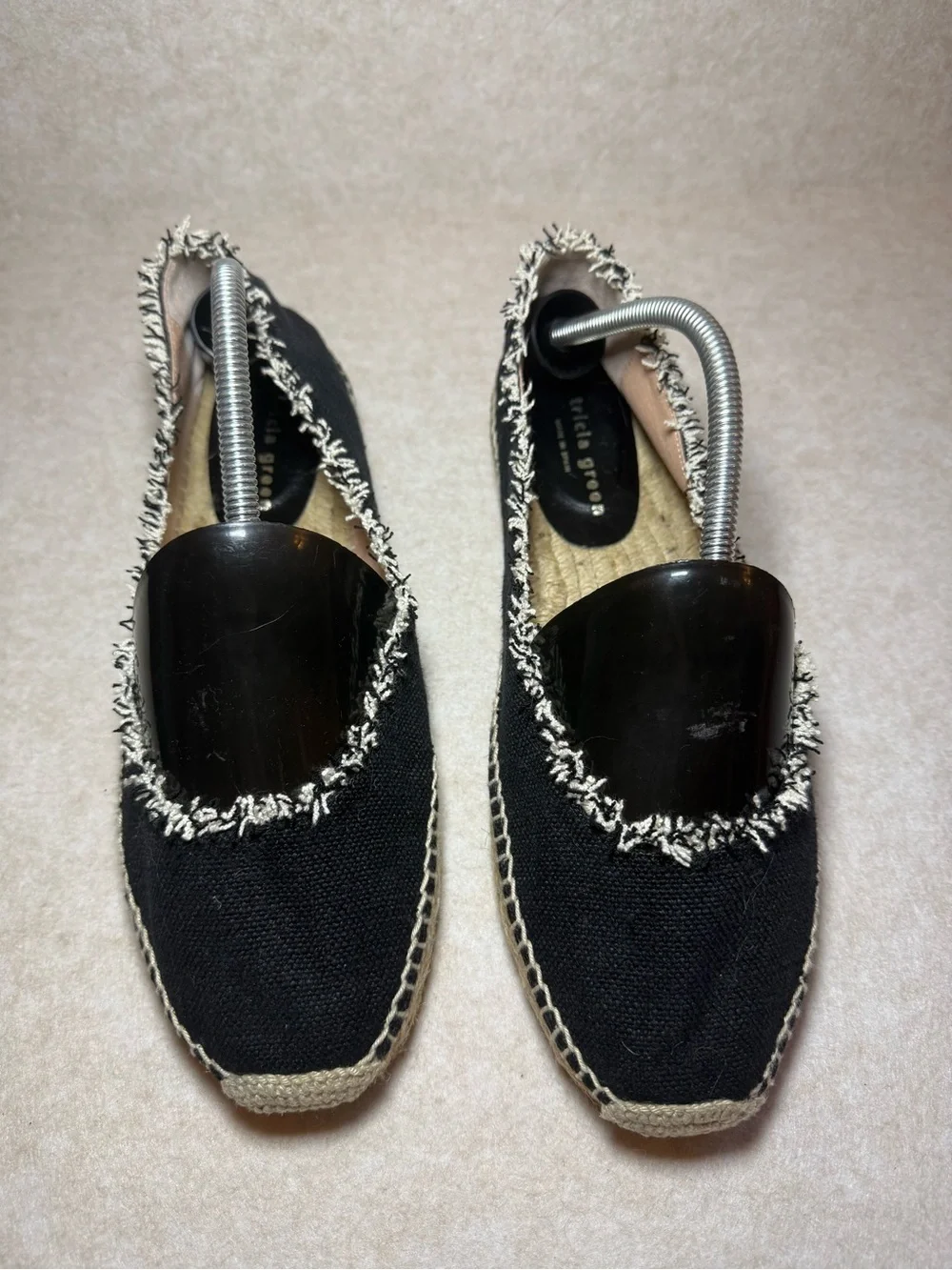 Patricia Green Black Tan Espadrille Mules Flats Loafers Frayed Trim Size US 10